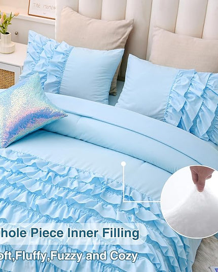 A Nice Night Waterfall Flutter Ruffle Comforter Set,Ruffled Textured Soft Chic Princess 6pcs Bedding Set,with Bling Shiny Sequin Throw Pillow Case,Blue,Queen - LeafyLoom