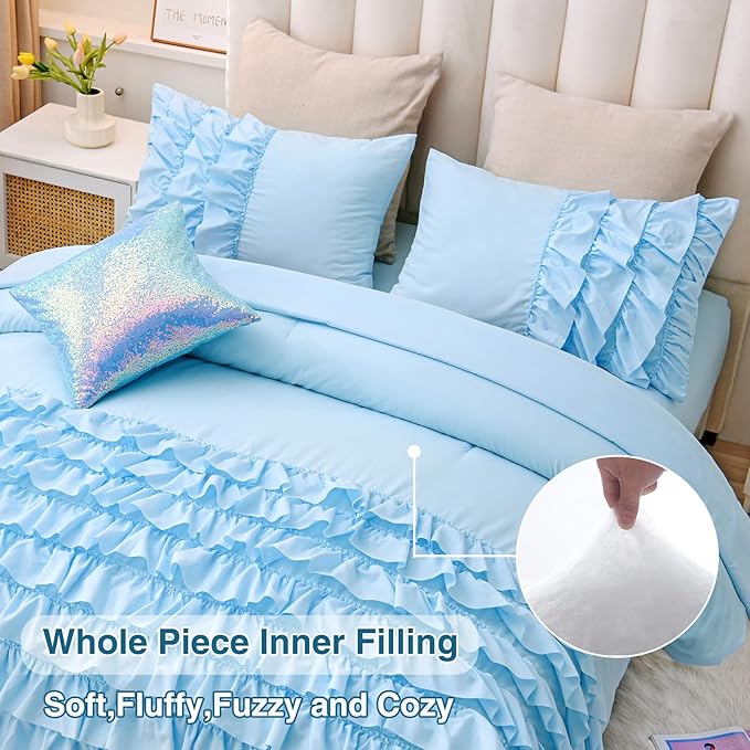 A Nice Night Waterfall Flutter Ruffle Comforter Set,Ruffled Textured Soft Chic Princess 6pcs Bedding Set,with Bling Shiny Sequin Throw Pillow Case,Blue,Queen - LeafyLoom