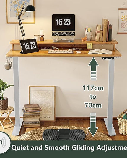 FEZIBO 60 x 24 Inch Height Adjustable Electric Standing Desk with Double Drawer, Stand Up Desk with Storage Shelf, Sit Stand Desk, Light Rustic - LeafyLoom