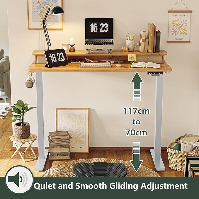 FEZIBO 60 x 24 Inch Height Adjustable Electric Standing Desk with Double Drawer, Stand Up Desk with Storage Shelf, Sit Stand Desk, Light Rustic - LeafyLoom