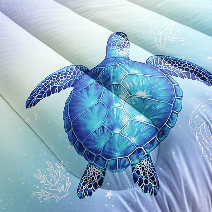 Turtle Comforter Full Size,Ocean Comforter Set for Kids Teens Girls Boys,3Pcs Bedding Set Printed Comforter with 2 Pillowcases,Down Alternative,Soft and Lightweight(Blue，Full Size) - LeafyLoom