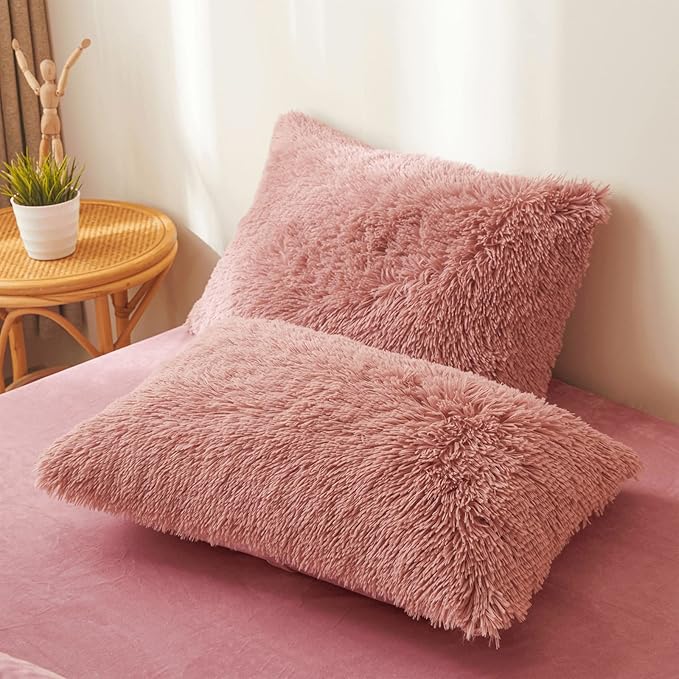 Old Pink Plush Fluffy Comforter Cover Set Queen - Ultra Soft Faux Fur Old Pink Bedding Sets 3 Pieces (1 Fuzzy Duvet Cover + 2 Pillow case) Shaggy Bed Set (Old Pink, Queen) - LeafyLoom
