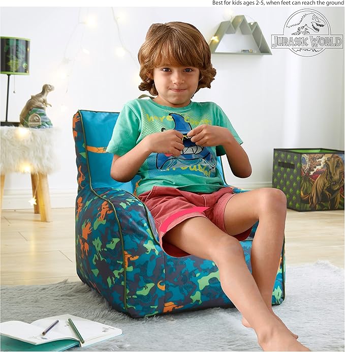 Idea Nuova Jurassic World 2 Kids Nylon Bean Bag Chair with Piping & Top Carry Handle, Blue, 18" H x 18" W - LeafyLoom