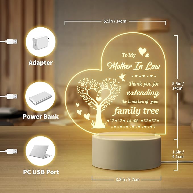 Gifts for Mother in Law, Mother in Law Birthday Gifts from Daughter in Law - Engraved Night Light, Mother in Law Birthday Thanksgiving Christmas Mother's Day Gifts - LeafyLoom