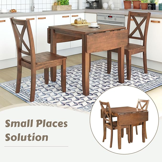 Dining Room Table Set for 2, 3-Piece Wood Kitchen Table Set with Drop Leaf and 2 X-back Chairs, Breakfast Nook Dining Table Set for Small Place, Brown - LeafyLoom