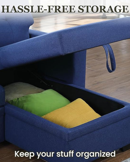 L Shape Sleeper Sofa Bed with Storage, Large Full Size Pull Out Sectional Couch, Futon Chaise Lounge Recliner for Living Room, Apartment, Bedroom, Office, Blue - LeafyLoom