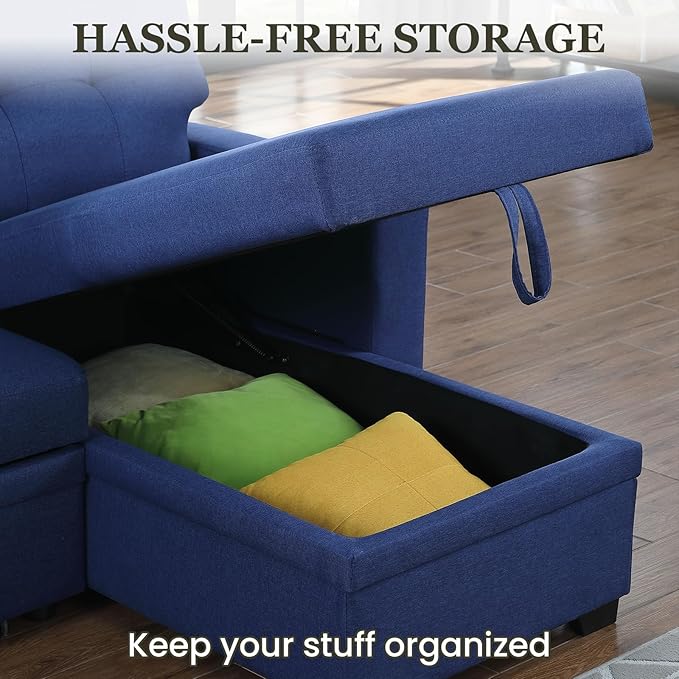 L Shape Sleeper Sofa Bed with Storage, Large Full Size Pull Out Sectional Couch, Futon Chaise Lounge Recliner for Living Room, Apartment, Bedroom, Office, Blue - LeafyLoom
