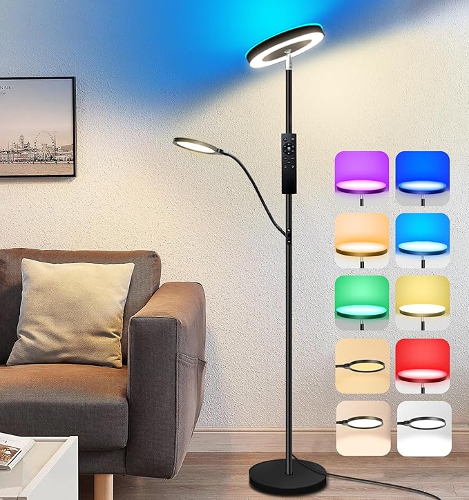 Reading Floor lamp + RGB Mood Mix Color Modern Standing Sofa Lamps Lighting 7 Colors Color Changing rgbw Smart WiFi APP Remote Control for Bedroom Living Room Gaming Reading Learning - LeafyLoom