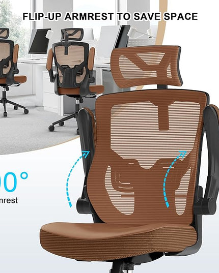 𝑯𝑶𝑴𝑬 𝑶𝑭𝑭𝑰𝑪𝑬 𝑪𝑯𝑨𝑰𝑹, Ergonomic Mesh Desk Chair, High Back Computer Chair- Adjustable Headrest with Flip-Up Arms, Lumbar Support, Swivel Executive Task Chair (Mummy Brown, Modern) - LeafyLoom