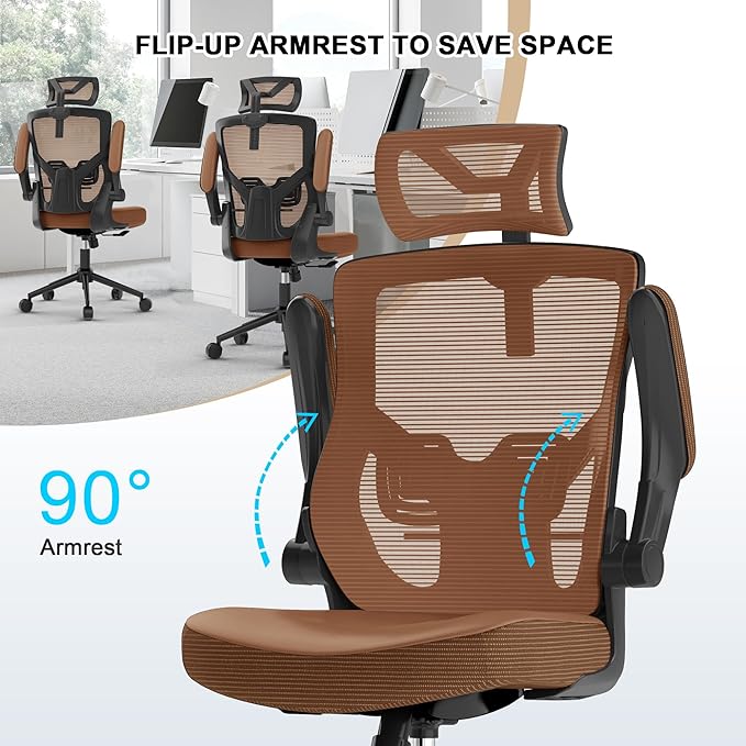 𝑯𝑶𝑴𝑬 𝑶𝑭𝑭𝑰𝑪𝑬 𝑪𝑯𝑨𝑰𝑹, Ergonomic Mesh Desk Chair, High Back Computer Chair- Adjustable Headrest with Flip-Up Arms, Lumbar Support, Swivel Executive Task Chair (Mummy Brown, Modern) - LeafyLoom