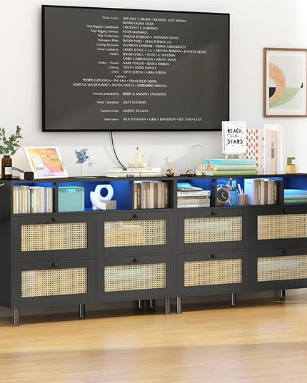 Sideboard Buffet Cabinet, Kitchen Storage Cabinet with Power Outlet & Led Lights, Accent Cabinet with 4 Rattan Doors, Black - LeafyLoom