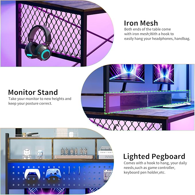Lvifur 67” L Shaped Desk with Wireless Charging Station,24-Color RGB Dimmable Computer Desk with Pegboard,Gaming Desk with Monitor Stand, Display Stand,Human Sensor Lights for Home Office - LeafyLoom