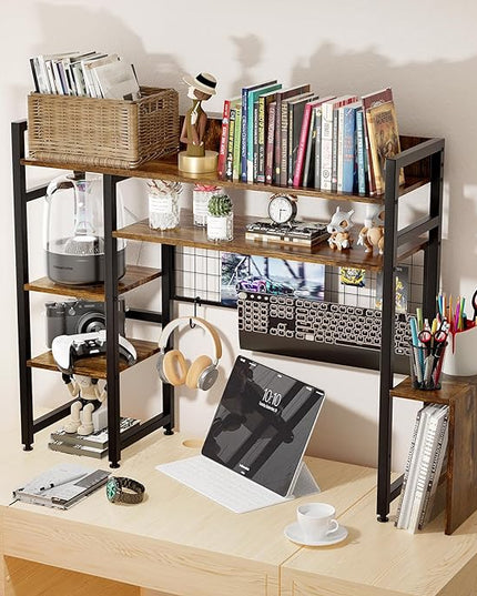 Computer Desktop Bookshelf Countertop Hutch Display Shelf Desktop Hutch Storage Organizer 2-Tier Multipurpose Wood Bookcase for Computer Desk for Home Office Study Room Bedroom - LeafyLoom
