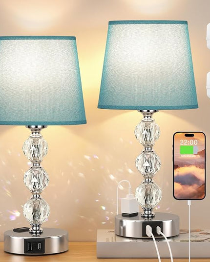 Acaxin Bedside Lamps for Bedrooms Set of 2 Nightstand- Crystal Table Lamp with USB C+A Ports & AC Outlet for Charging, 3 Way Dimmable Touch Silver Small Bed Side Table Lamp for Living Room - LeafyLoom