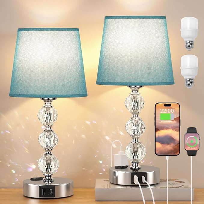 Acaxin Bedside Lamps for Bedrooms Set of 2 Nightstand- Crystal Table Lamp with USB C+A Ports & AC Outlet for Charging, 3 Way Dimmable Touch Silver Small Bed Side Table Lamp for Living Room - LeafyLoom