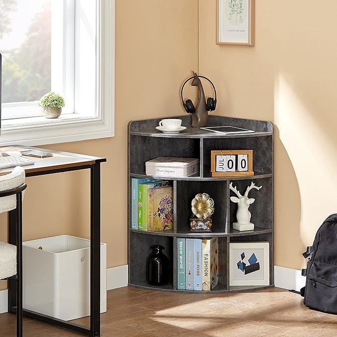 VECELO 3-Tier Corner Cabinet,Wooden Cube Storage Organizer with 8 Cubbies, Modern Bookshelf Units for Playroom, Bedroom, Living Room, Grey - LeafyLoom
