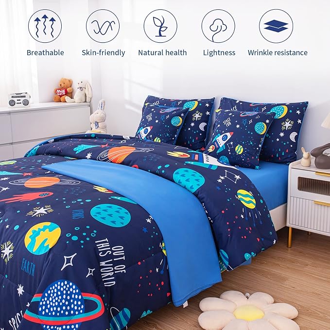 Twin Comforter Set for Boys Girls Space Bedding,Twin Size Comforter Sets Galaxy Bedding Comforter Quilt Set Kids 7pieces,Full Size Bedding Sets with Comforter and Sheets - LeafyLoom