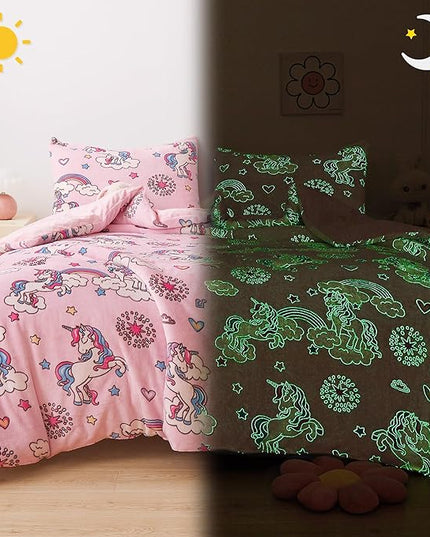 Mooreeke Glow in The Dark Twin Plush Fleece Comforter Bed Set, Soft & Warm 2 Piece Bed in A Bag with Sham, Velour Velvet Pink Unicorn Girls Kids Bedding Set, Fluffy Fuzzy Polar Cozy and Stylish - LeafyLoom