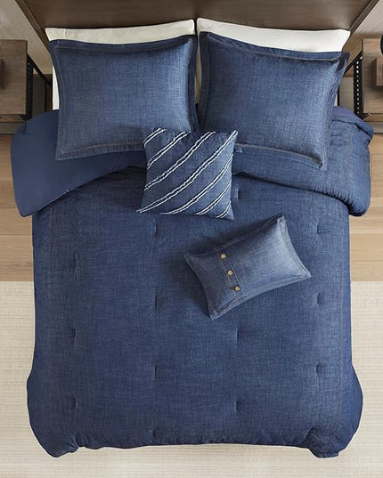 Woolrich Rustic Lodge Cabin Comforter Set - All Season Down Alternative Warm Bedding Layer and Matching Shams, Oversized Queen, Perry, Denim Blue - LeafyLoom