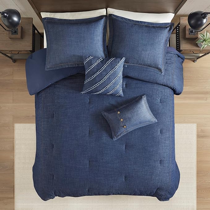 Woolrich Rustic Lodge Cabin Comforter Set - All Season Down Alternative Warm Bedding Layer and Matching Shams, Oversized Queen, Perry, Denim Blue - LeafyLoom