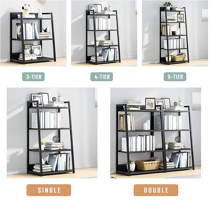 IOTXY 4 Tier Open Bookshelf - Steel and Wood Display Stand, 50CM Width Floor-Standing Bookcase, Black - LeafyLoom