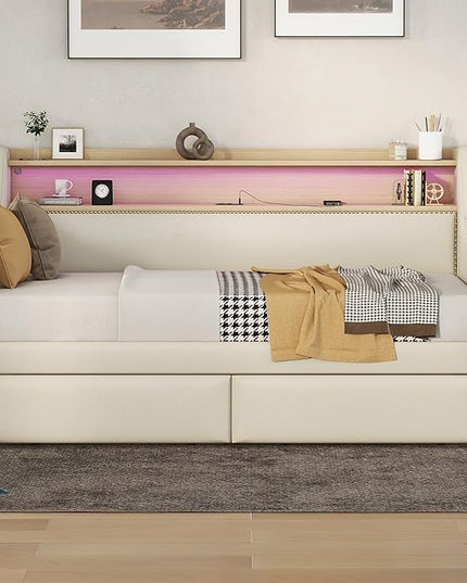 Twin Size Daybed with 2 Storage Drawers, Upholstered Daybed with Charging Station and LED Lights, Twin Size Day Bed Frame for Living Room, Bedroom, Beige - LeafyLoom