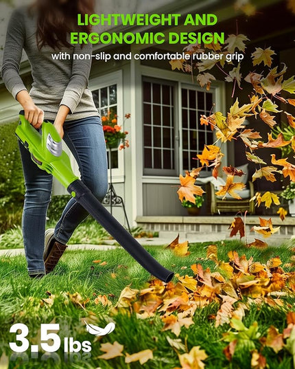 HARDELL Leaf Blower, 18V Small Leaf Blower Cordless with 2.0Ah Battery & Fast Charger, Lightweight Electric Leaf Blower for Lawn Care, Patio, Blowing Leaves, Green - LeafyLoom