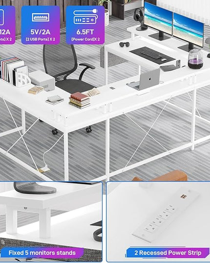 U Shaped Computer Gaming Desk, Reversible L Shaped Desk with Power Outlets, LED Strip & Monitor Stand, Large Corner Desk with Storage Shelves for Home Office, White - LeafyLoom