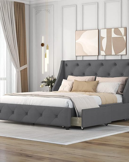 Queen Size Bed Frame with 4 Storage Drawers & Tufted Headboard Linen Upholstered Platform Bed Frame Wingback Beds with Sturdy Wooden Slats Support, Easy Assembly, Noise-Free - LeafyLoom