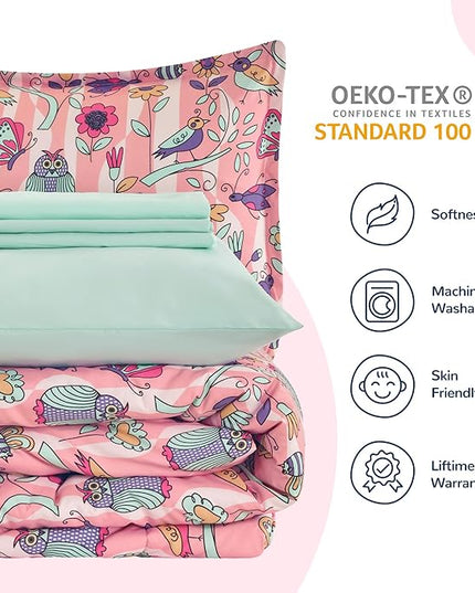 SLEEP ZONE Comforter Set Bed in A Bag, 7 Pieces Girls, Cattoon Pattern for Kids, Toddlers, Teens, Ultra Soft and Washable (Garden Secret,Full/Queen) - LeafyLoom