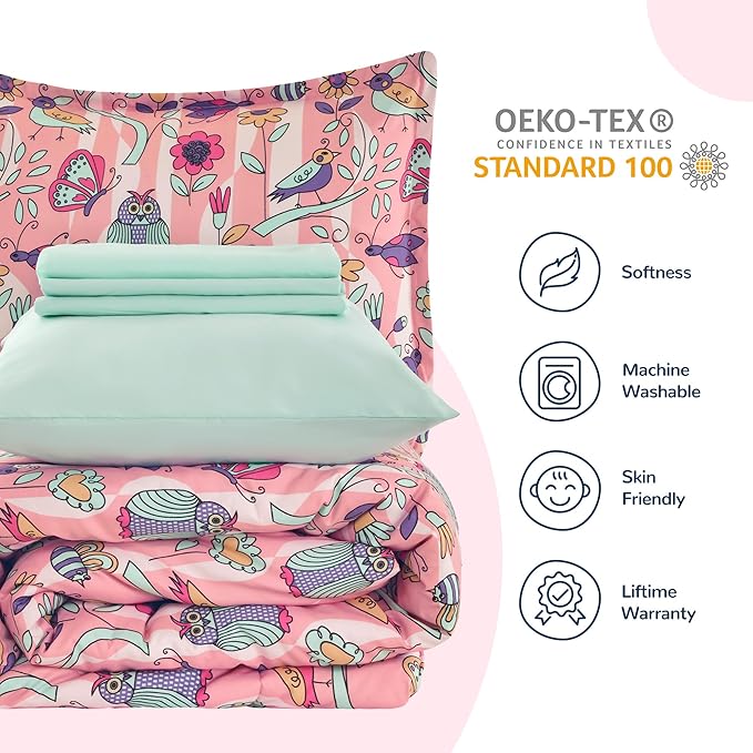 SLEEP ZONE Comforter Set Bed in A Bag, 7 Pieces Girls, Cattoon Pattern for Kids, Toddlers, Teens, Ultra Soft and Washable (Garden Secret,Full/Queen) - LeafyLoom