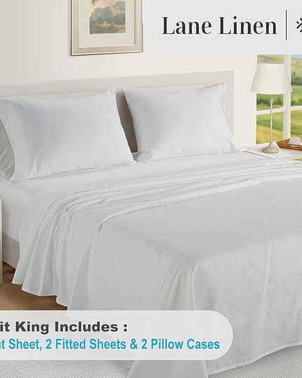 LANE LINEN Split King Sheets for Adjustable Beds - 1000 Thread Count 5PC Sheets Set, 100% Egyptian Cotton, Cool Breathable & Soft, 2 Fitted Fits Upto 16" Deep Pockets - Swiss Dot - White - LeafyLoom
