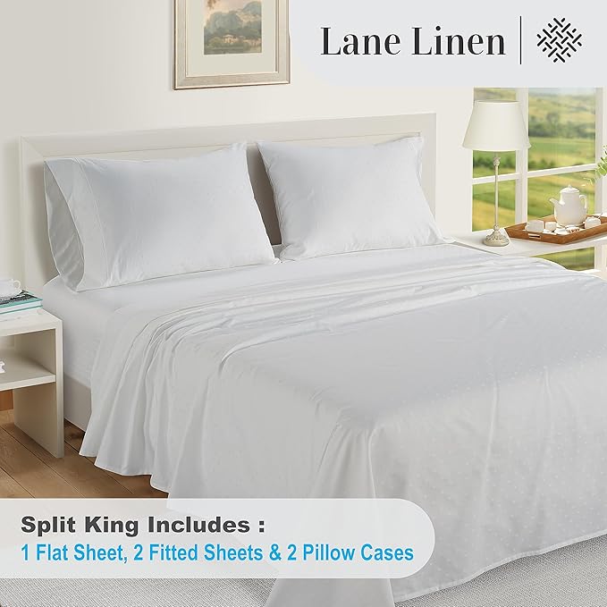 LANE LINEN Split King Sheets for Adjustable Beds - 1000 Thread Count 5PC Sheets Set, 100% Egyptian Cotton, Cool Breathable & Soft, 2 Fitted Fits Upto 16" Deep Pockets - Swiss Dot - White - LeafyLoom