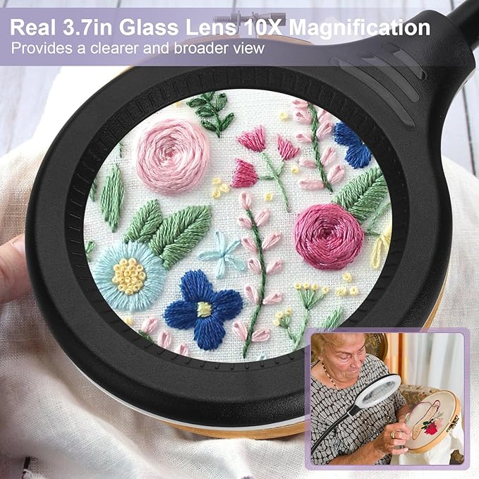 2-in-1 10X Magnifying Glass with Light and Stand, 5 Color Modes Stepless Dimmable LED Magnifying Clamp Lamp, Desk Lighted Magnifier Hands Free for Craft Close Work Sewing Painting Hobby, Black - LeafyLoom