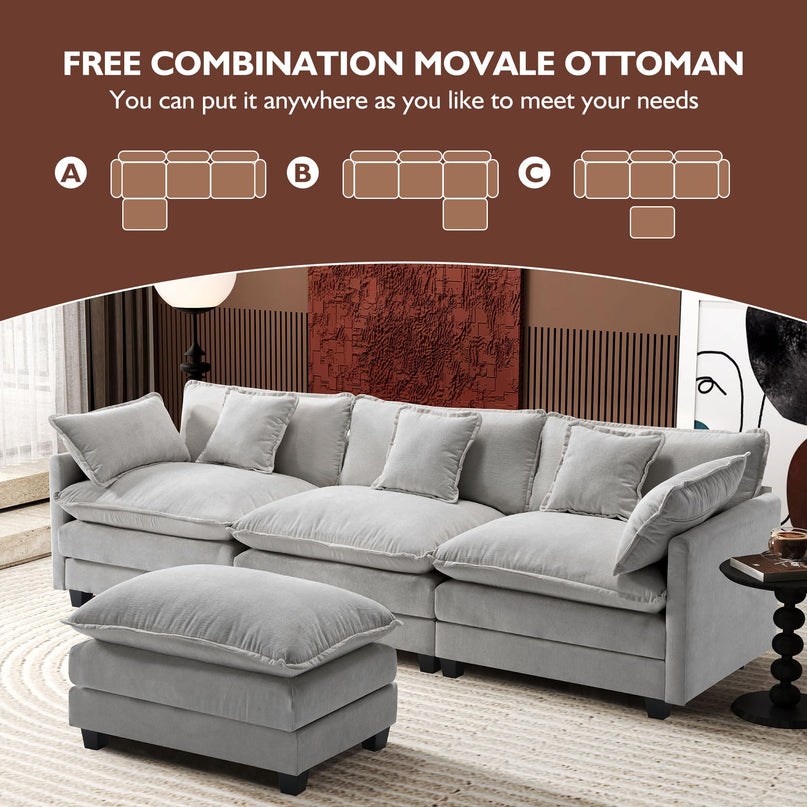 Ihanherry 111.4" L Shaped Modern Sofa Modular Sectional Cloud Couch with Ottoman, 4-Seat Chenille Deep Seat Sofa with Pillow for Living Room, Bedroom and Apartment, Beige LeafyLoom