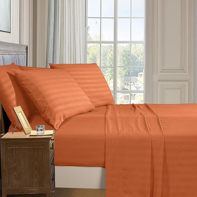 Elegant Comfort Softest and Coziest 6-Piece Sheet Set - 1500 Premium Hotel Quality Microfiber - Deep Pocket, Wrinkle Resistant 6-Piece Damask Stripe Bed Sheet Set, Full, Coral - LeafyLoom