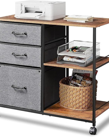 DEVAISE 3 Drawer Mobile File Cabinet, Rolling Printer Stand with Open Storage Shelf, Fabric Lateral Filing Cabinet fits A4 or Letter Size for Home Office, Rustic Brown - LeafyLoom