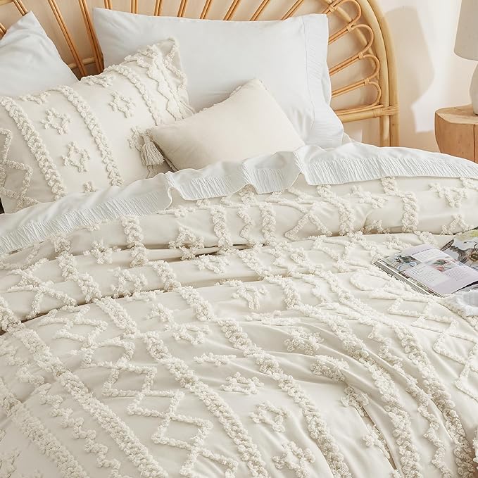 Bedsure Tufted Boho Comforter Set Full - Beige Boho Bedding Comforter Set, 3 Pieces Farmhouse Shabby Chic Embroidery Bed Set, Soft Jacquard Comforter for All Seasons - LeafyLoom