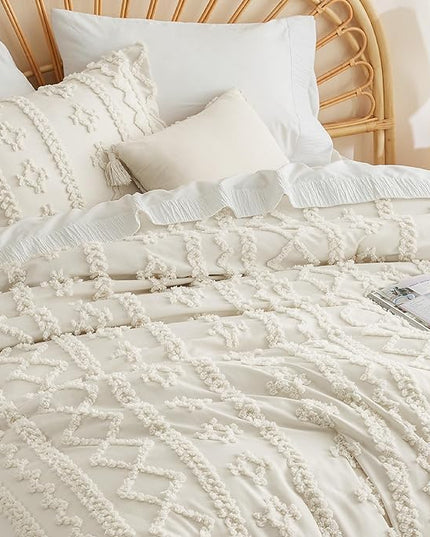 Bedsure Tufted Boho Comforter Set Queen - Beige Boho Bedding Comforter Set, 3 Pieces Farmhouse Shabby Chic Embroidery Bed Set, Soft Jacquard Comforter for All Seasons - LeafyLoom