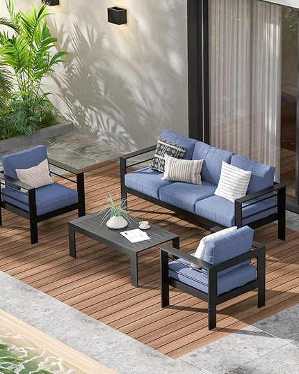 Wisteria Lane Aluminum Outdoor Patio Furniture Set, 4 Pcs Modern Outdoor Conversation Set Sectional Sofa with Upgrade Cushion and Coffee Table for Balcony,Black Frame and Blue Cushion - LeafyLoom