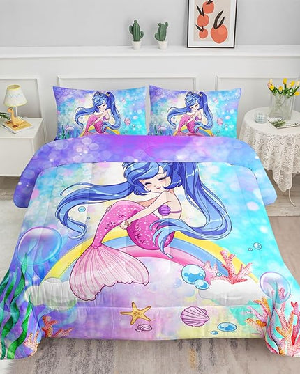 Datura home Kids Mermaid Comforter Set for Girls Women,Cute Mermaid Girl and Rainbow Shell Starfish Printed Pattern Blue Kawaii Bedding Set with 2 Pillowcases(Mermaid Girl Twin) - LeafyLoom