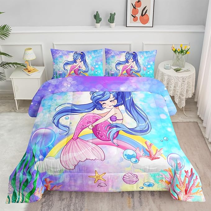 Datura home Kids Mermaid Comforter Set for Girls Women,Cute Mermaid Girl and Rainbow Shell Starfish Printed Pattern Blue Kawaii Bedding Set with 2 Pillowcases(Mermaid Girl Twin) - LeafyLoom