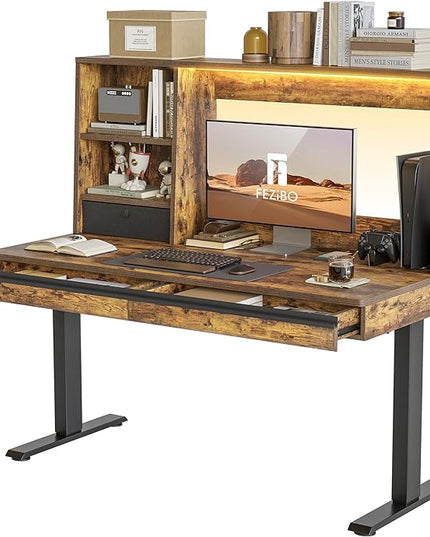 FEZIBO 55 x 27.5 Inches Electric Standing Desk with Open Shelf&LED Strip, Adjustable Height Sit Stand Up Desks with 3 Drawers, Ergonomic Workstation，Rustic Brown - LeafyLoom