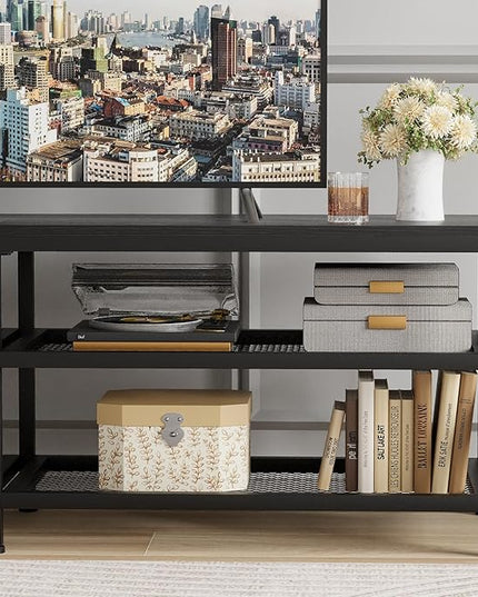 TV Stand for TV up to 70 Inch, Long 63" TV Cabinet with 3-Tier Storage Shelves,Entertainment Center TV Console Table for Living Room with Industrial TV Metal Frame, Black Oak - LeafyLoom
