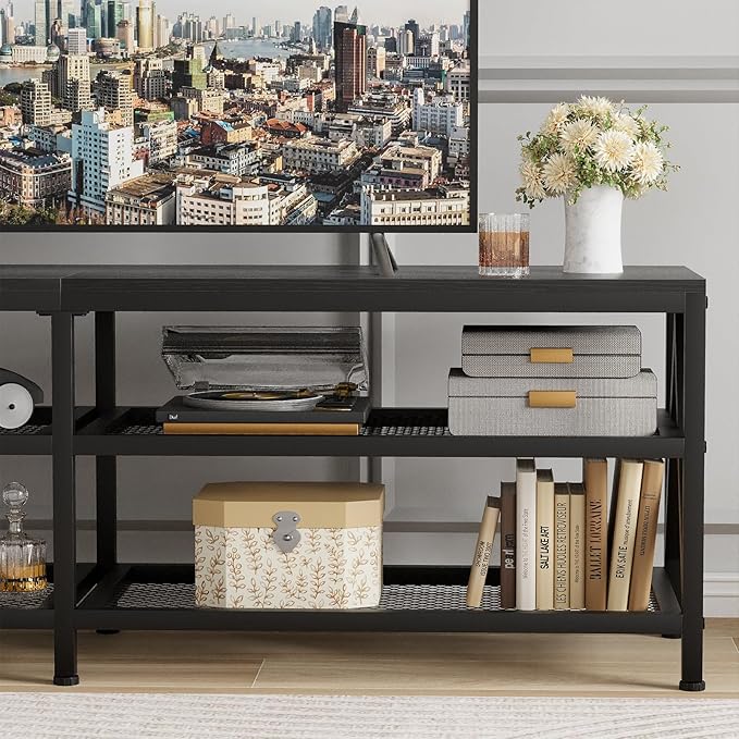 TV Stand for TV up to 70 Inch, Long 63" TV Cabinet with 3-Tier Storage Shelves,Entertainment Center TV Console Table for Living Room with Industrial TV Metal Frame, Black Oak - LeafyLoom