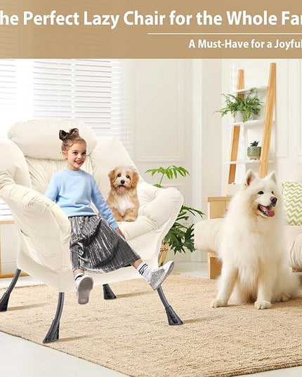 Lazy Chair Thick Padded, Accent Chair Velvet Upholstered with Wide Seat, Stable Metal Frame and Non-Slip Pad, Modern Sofa Armchair with Side Storage Bag for Dorm, Room, Office, Beige - LeafyLoom
