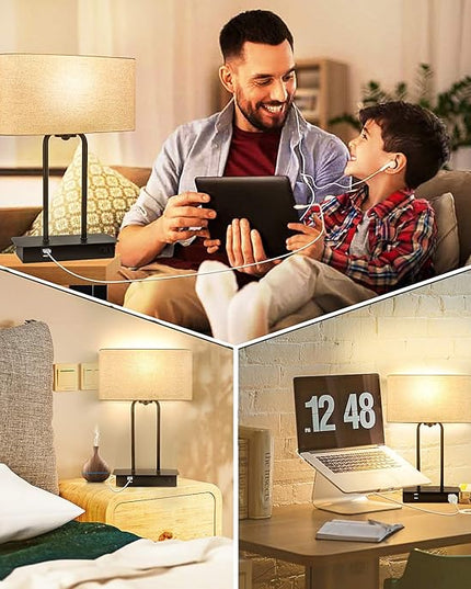 3-Way Dimmable Touch Control Table Lamp with 2 USB Ports and AC Power Outlet Modern Bedside Nightstand Lamp Fabric Shade and Metal Base for Guestroom Bedroom Living Room LED Bulb Included Warm White - LeafyLoom