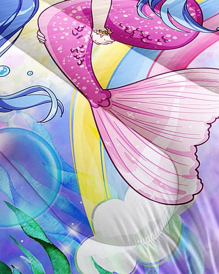 Datura home Kids Mermaid Comforter Set for Girls Women,Cute Mermaid Girl and Rainbow Shell Starfish Printed Pattern Blue Kawaii Bedding Set with 2 Pillowcases(Mermaid Girl Full) - LeafyLoom
