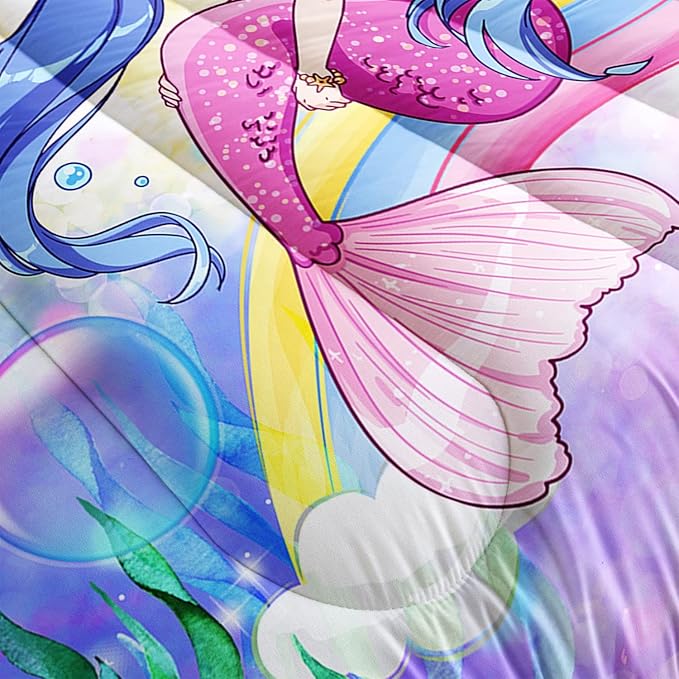 Datura home Kids Mermaid Comforter Set for Girls Women,Cute Mermaid Girl and Rainbow Shell Starfish Printed Pattern Blue Kawaii Bedding Set with 2 Pillowcases(Mermaid Girl Full) - LeafyLoom