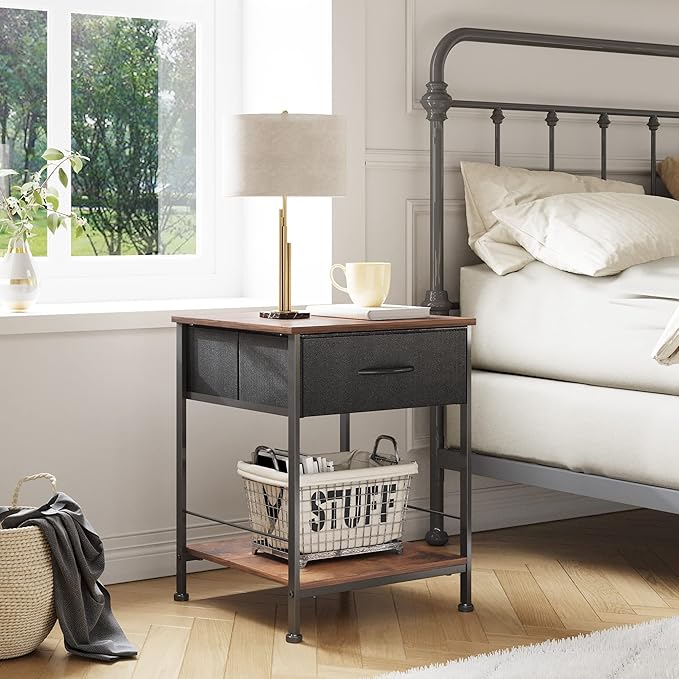 WLIVE Night Stand Set 2, Nightstands End Tables with Fabric Storage Drawer and Open Wood Shelf, Side Tables for Bedroom, Small Bedside Furniture, Dorm, Easy Assembly, Black and Rustic Brown - LeafyLoom